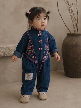 Vintage 90s Popsicle Baby Denim Romper 12M Sugar & Spice Embroidered